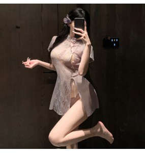 FEE ET MOI - Sexy Lace Splicing See-Through Cheongsam (Gray)